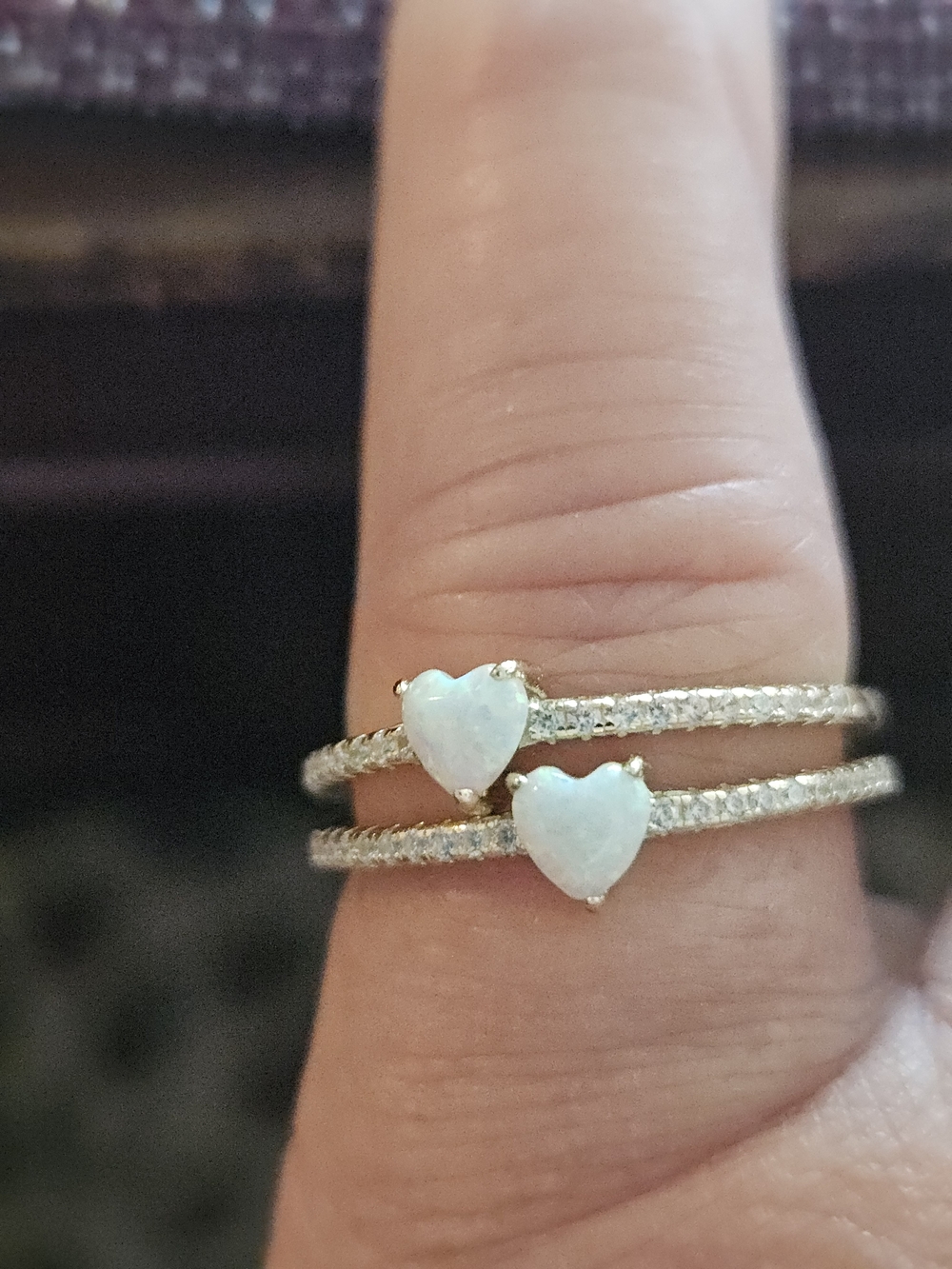 Gold Double Band Ring with White Heart Opal Stones Size 9